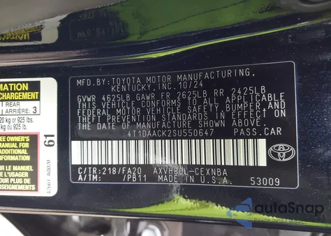 2025 Toyota Camry Le из США, поврежденный, VIN 4T1DAACK2SU550647